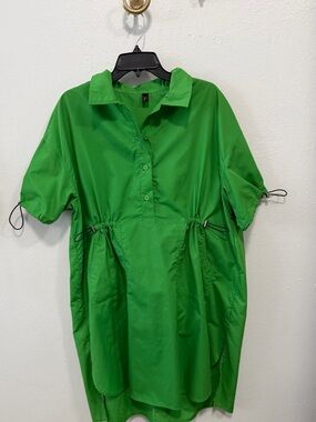 Bright Green Short Sleeve Drawstring Shirt Dress